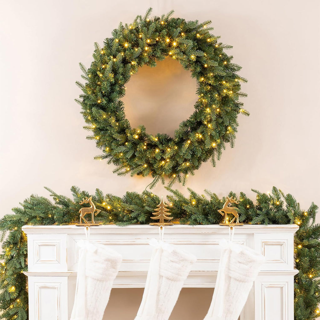 3 Pack 32"D Pre-Lit Artificial Christmas Wreath, Greenery Pine Wreath and Matching Set of 2 9ft Christmas Garlands