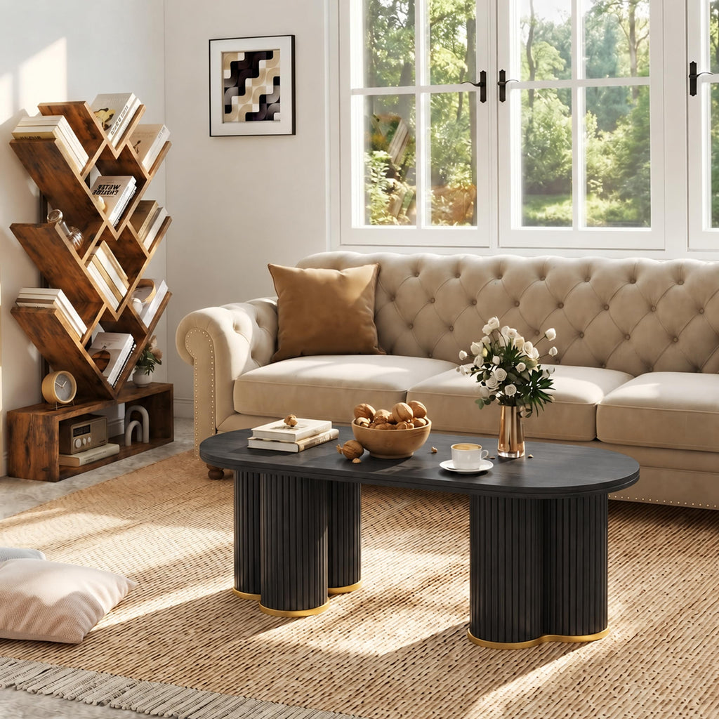 Oval Fluted Coffee Tables, 47" Wood Coffee Table, Black