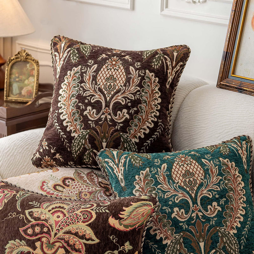Embroidered Throw Pillow Cover 18x18 3D Chenille Baroque Damask, Brown