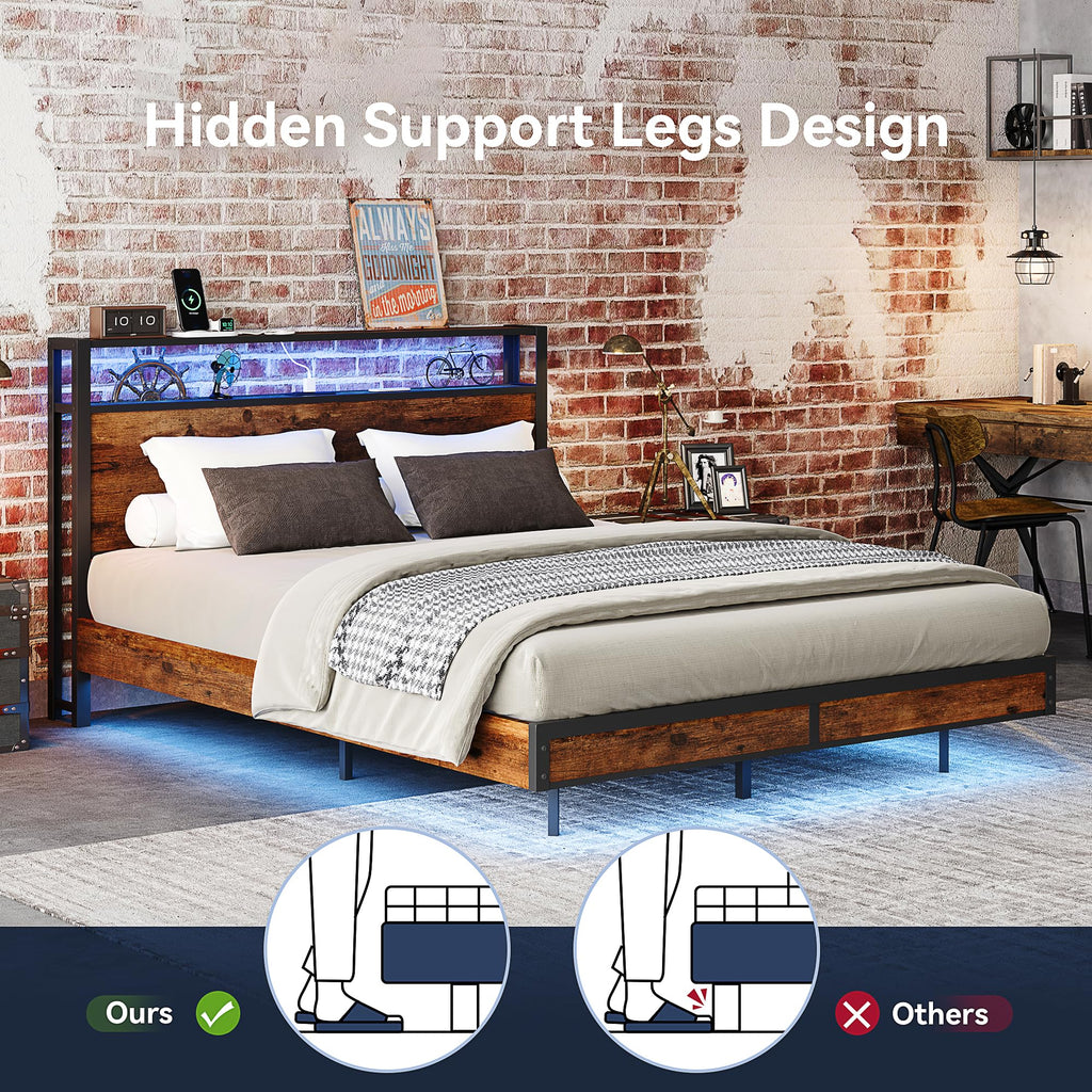 Bed Frame with Storage Headboard and Charging Station, Metal Bedframe with LED Lights, Platform Bed