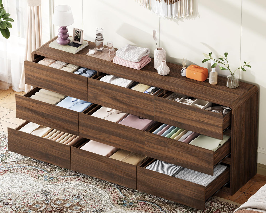 9 Drawer Dresser, 63" Wide Dressers & Chest of Drawers with Curved Profile Design, Wood Closet Storage Dressers