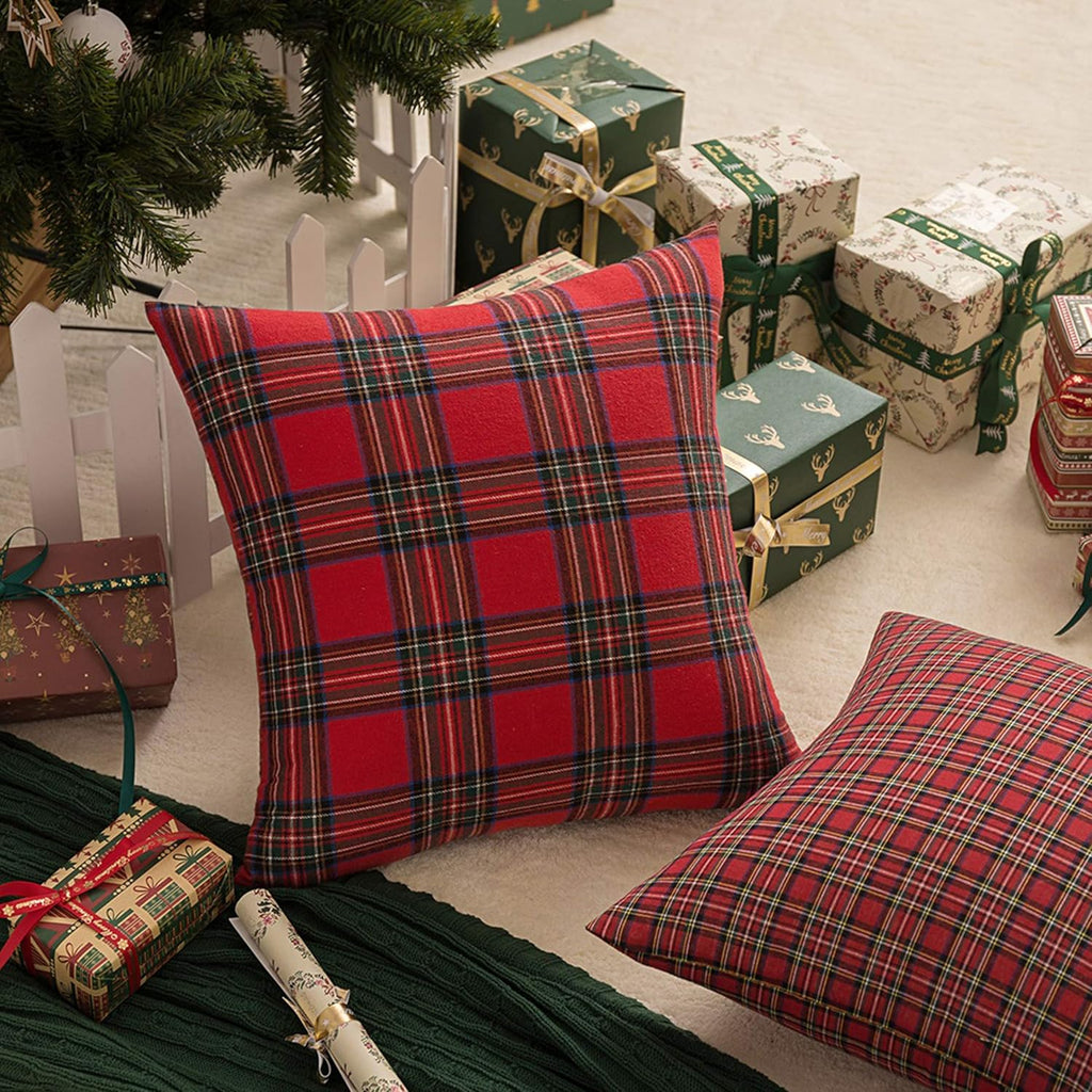 Christmas Plaid Decorative Throw Pillow Covers Red 20x20 Inches - Set of 2