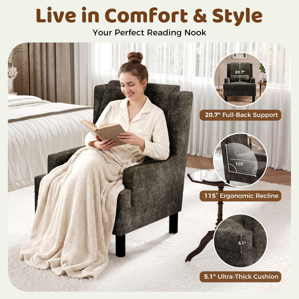 Wingback Accent Chair, Mid-Century Modern Reading Chair, Modern Chenille Upholstered Comfy Armchair with High Back