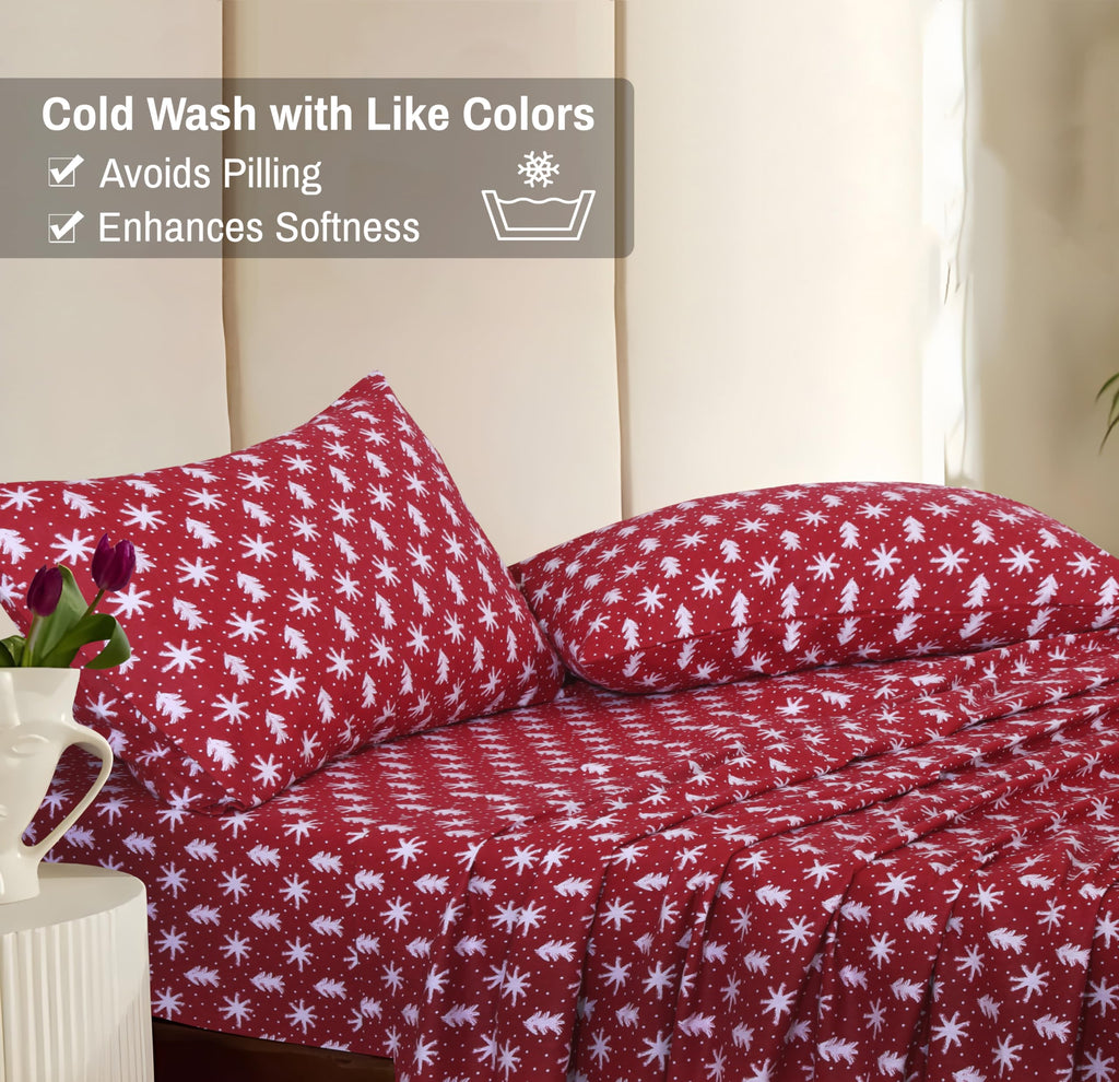 100% Cotton Flannel Sheets Queen Size, 4 PCs, Red Christmas