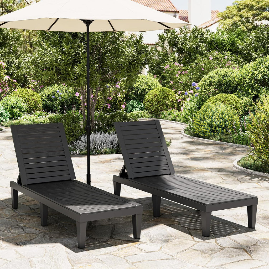 Outdoor Lounge Chairs Set of 2, 5-Position Adjustable Tanning Chairs with Wood Grain, All-Weather Res Recliners for