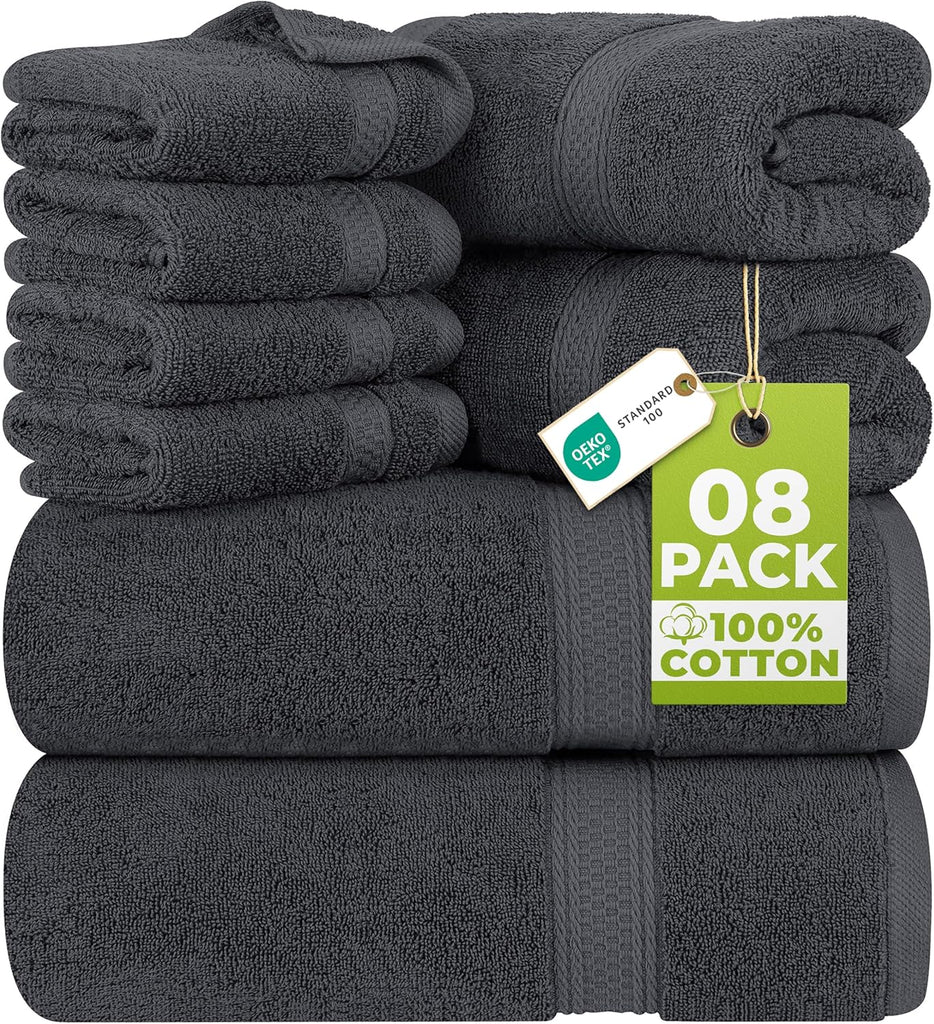 8 Piece Majestic Plush Luxury Towel Set, Cotton, Grey | Majestic Plush 100% Ring Spun Cotton Towels - Super