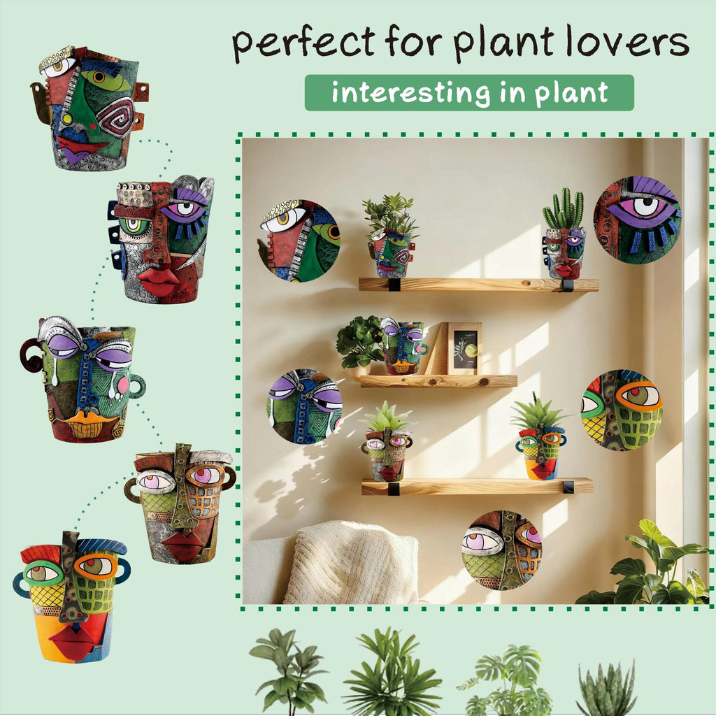 Picasso Abstract Face Flower Pot, Unique Resin Crafted Planter with Drainage Holes, Interesting Colorful Planter with
