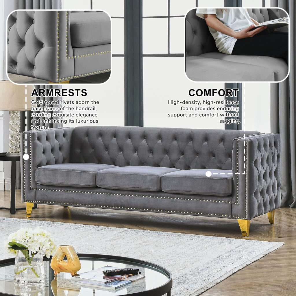2 Piece Grey 81" 3-Seater Sofa Set, Buttons Tufted and Square Arm, Inlaid Gold Nail Heads and 4 Golden Metal Legs