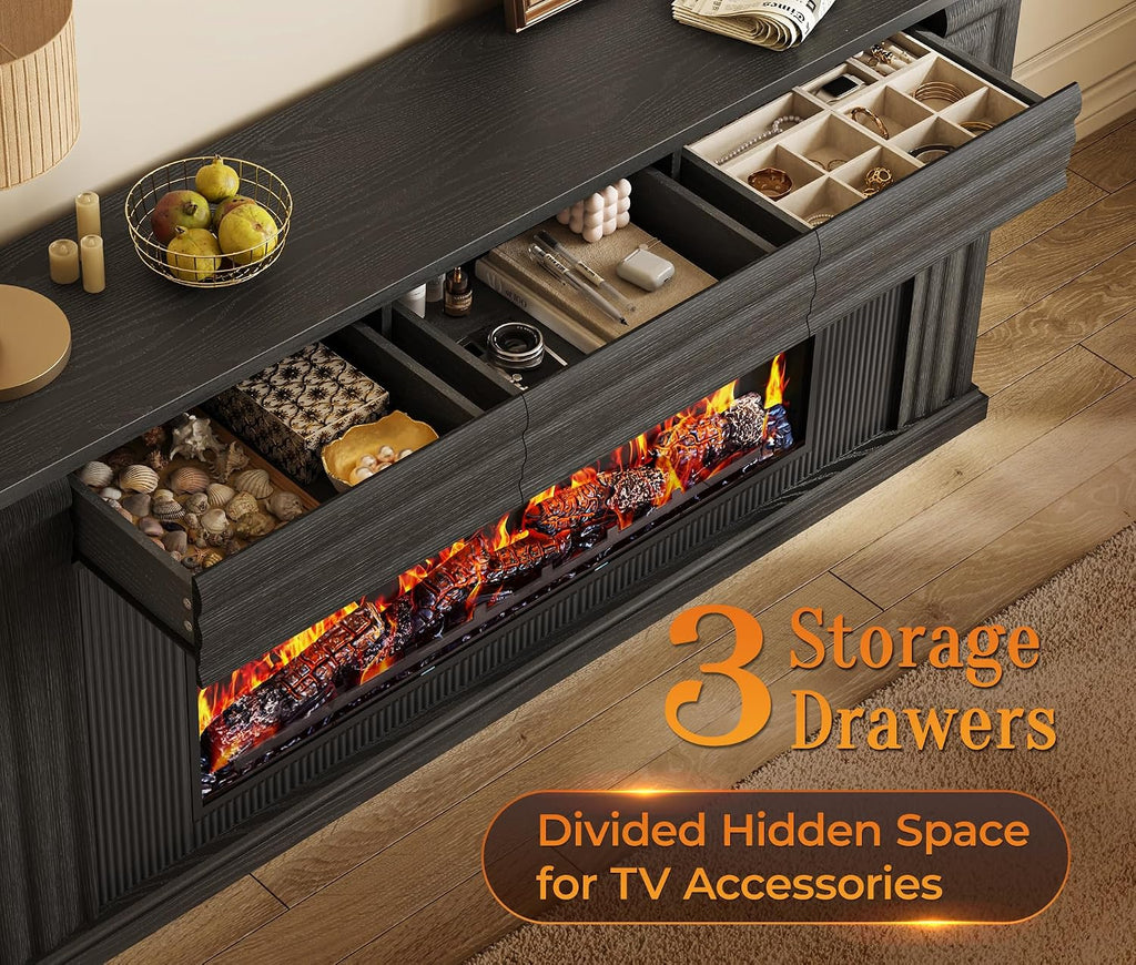 70'' Fireplace TV Stand with 42'' Electric Fireplace, Farmhouse Fluted Entertainment Center with 3 Drawers - Black