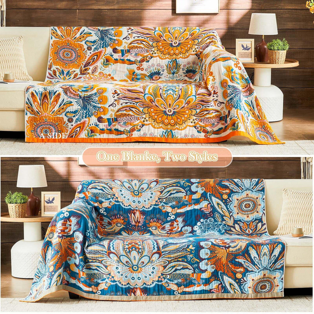 Boho Blanket Soft Muslin Boho Throw Blanket 100% Cotton Blanket All Seasons Reversible Rustic Floral Printed Vintage