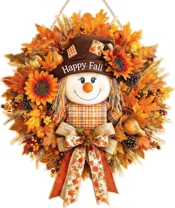 Fall Decorations Wooden Fall Decor Scarecrow Door Wreath for Front Door Farmhouse Scarecrow Maple Leaf Welcome Sign
