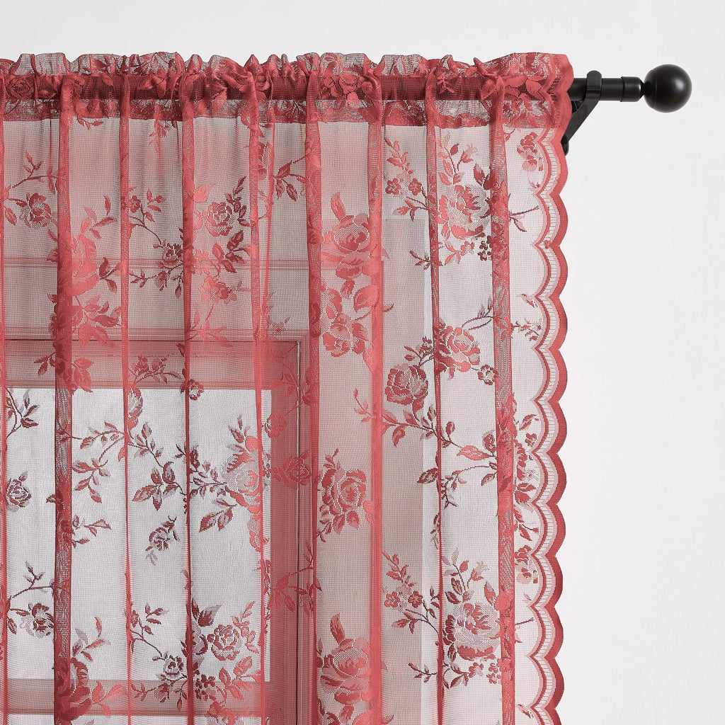 Coral Lace Curtains 108 Inches Long 2 Panels Rod Pocket Large Floral Embroidery Light Filtering Privacy Vintage