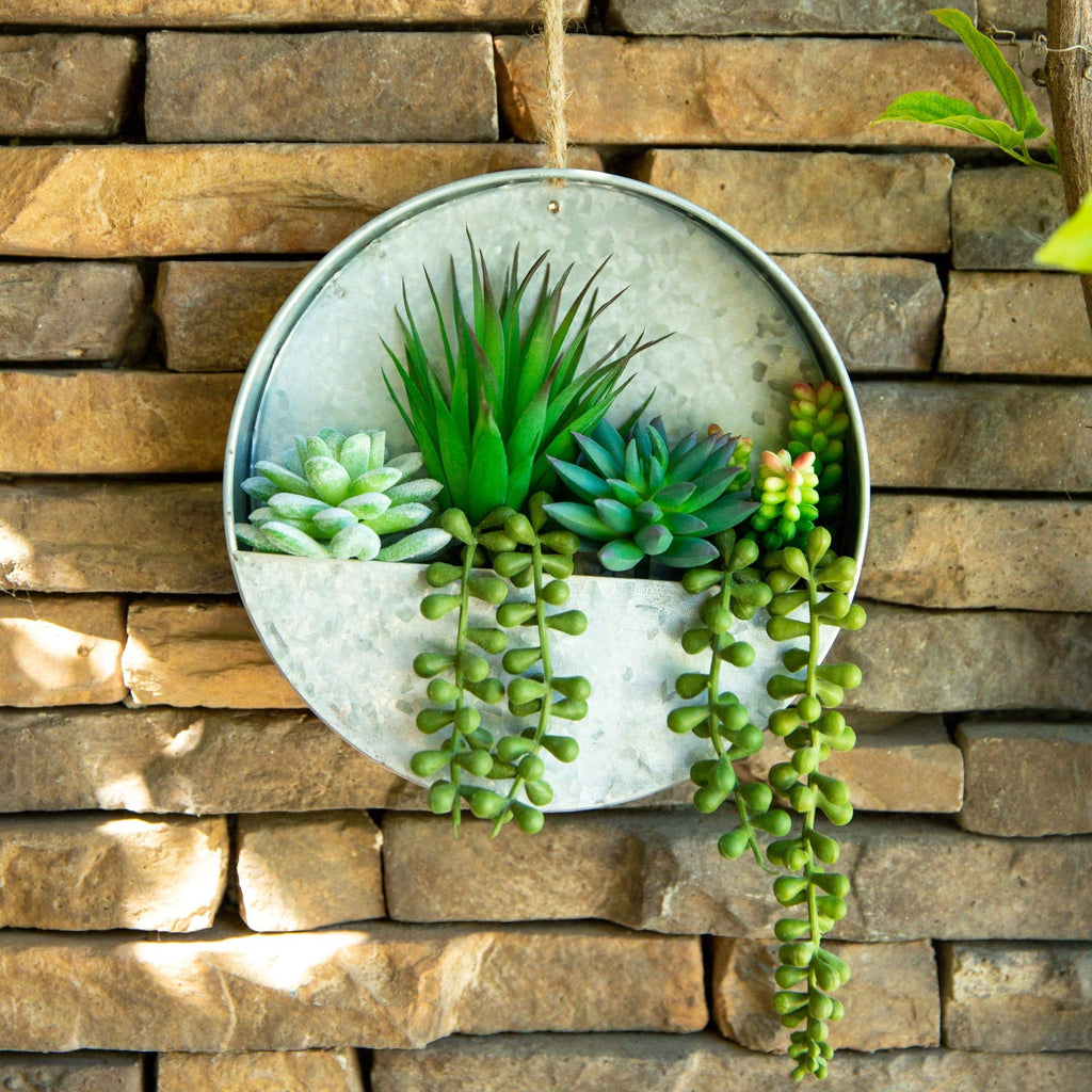 Modern Artificial Succulent in 8 inch Hanging Galvanized Tin Wall Planter, Boho wall Decor, Hanging Fake Plants Cactus