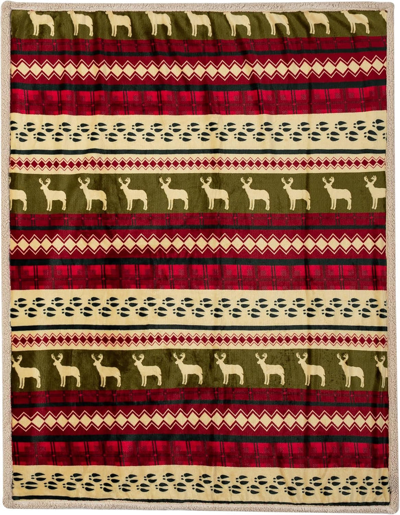 Premium Christmas Sherpa Throw Blanket, Green Red Cabin Design with Reindeer Print, Ultra Soft Reversible Fleece &