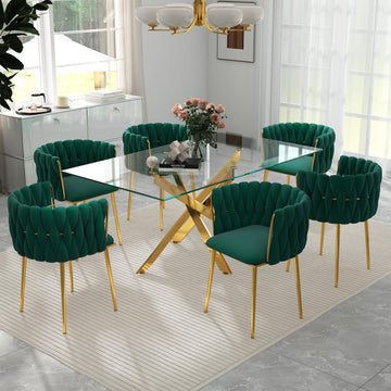 Modern Luxury Dining Table Set for 6, 63'' Clear Minimalist Glass Top Dinner Room Table Set, 7 PCS Large Rectangular