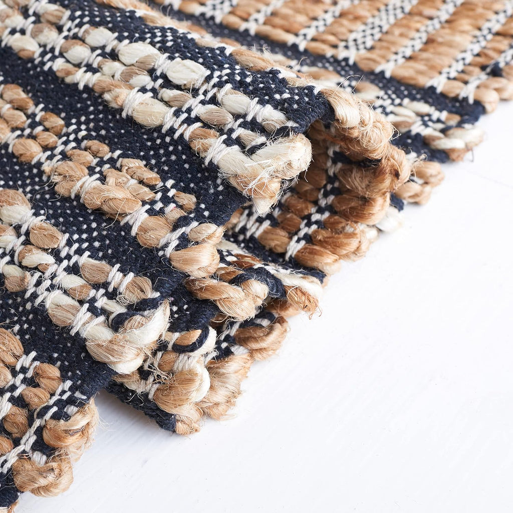 Natural Fiber Collection Area Rug - 6'6" Square, Navy & Natural, Handmade Flat Weave Stripe Jute & Cotton Jute, Ideal