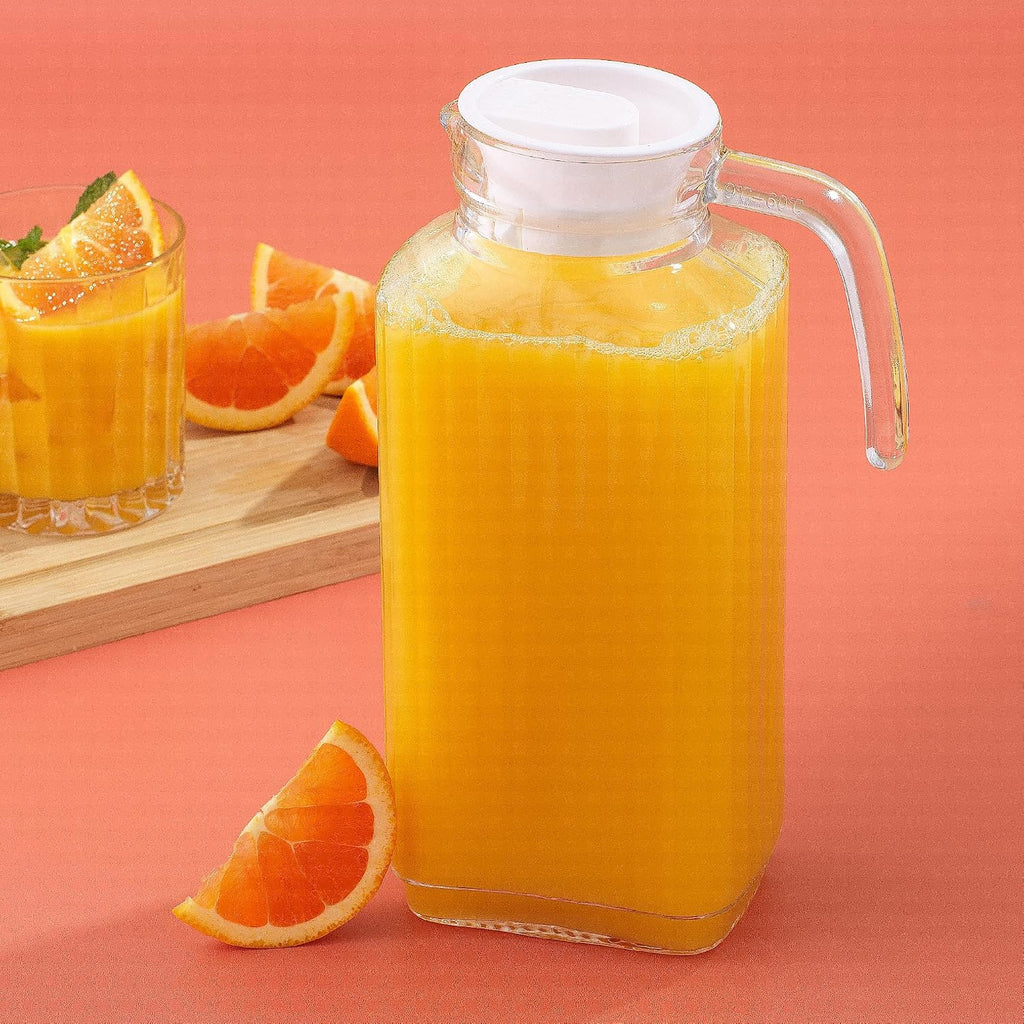 60oz Glass Pitcher with Lid (2 Lids) - Beverage Serveware and Storage Container for Cold Drinks and Liquids. Juice