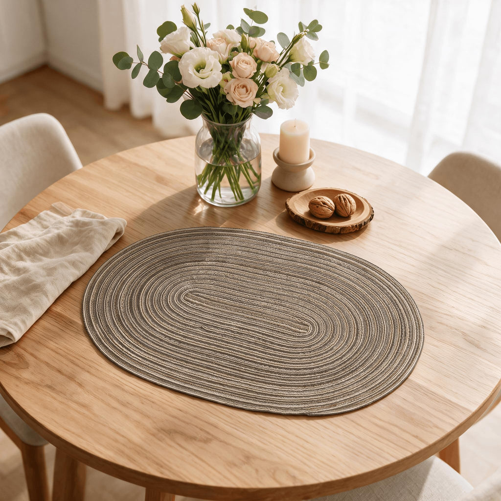 Brown Polyester Oval Braided Placemats Set of 4, 12 x 17.5 Inch Washable Non-Slip Heat Resistant Table Mats Dining