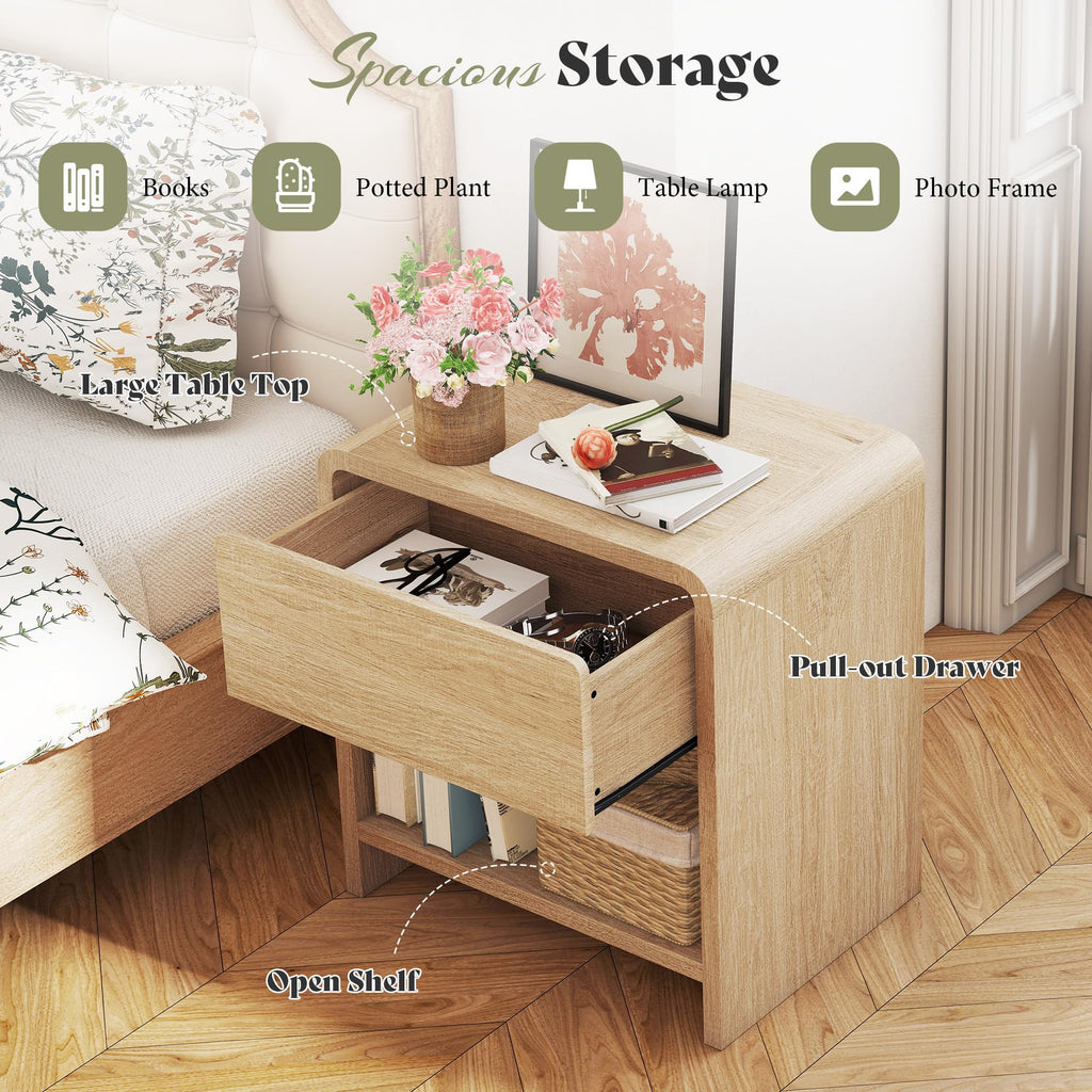 Nightstands Set of 2 with Storage Drawer & Shelves, Oak