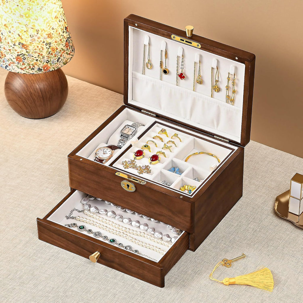 Black Walnut Jewelry Box for Women, 3 Layer Top Lock Wooden Organizer Case