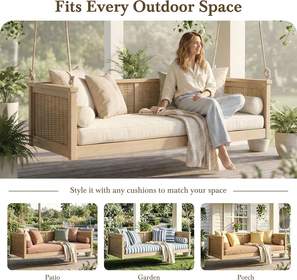 Twin Size Outdoor Porch Swing Bed, Acacia Wood & Rattan Hanging Daybed with Ropes , Backyard & Garden, Light Teak