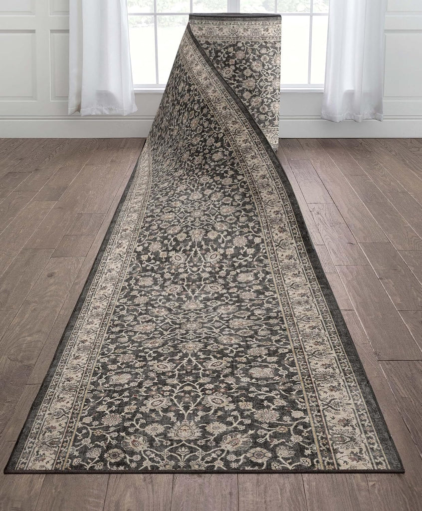 Custom Size Hallway & Stair Runner- Asha Rome Black 26 Inches Wide Super Thin Long Runner (26" x 3' Runner) Rug