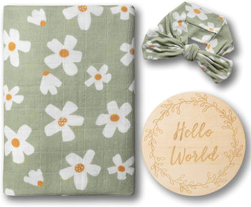 Daisy Garden Spring Floral Muslin Swaddle Set for Baby Girl|100% Organic Cotton Blanket with Matching Bow|Boho Indie