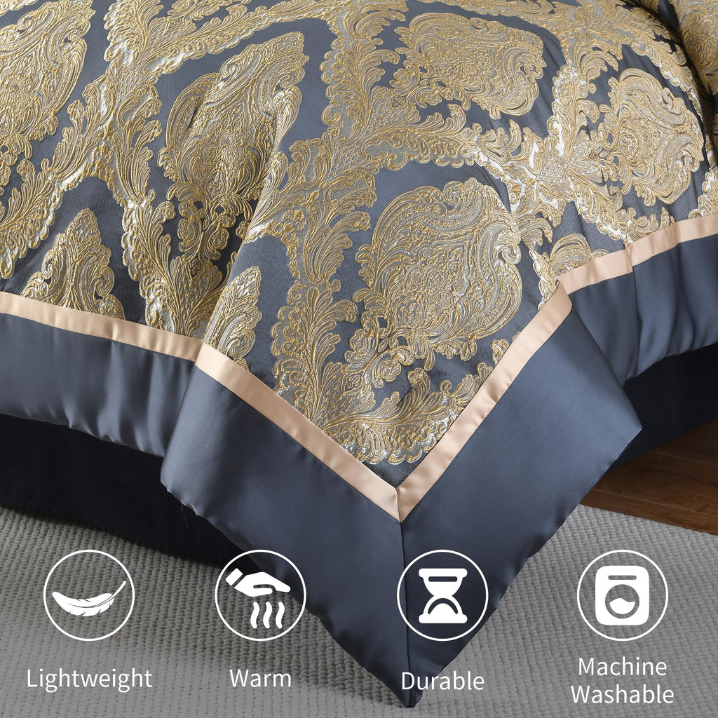 Luxury 7 Piece Queen Comforter Set, Vintage Damask Jacquard Design Bed in Bag Queen, All Season Navy Blue and Gold