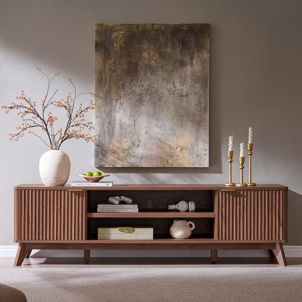 70" Mid Century Modern Fluted TV Stand, 4-Door Storage, Light Walnut