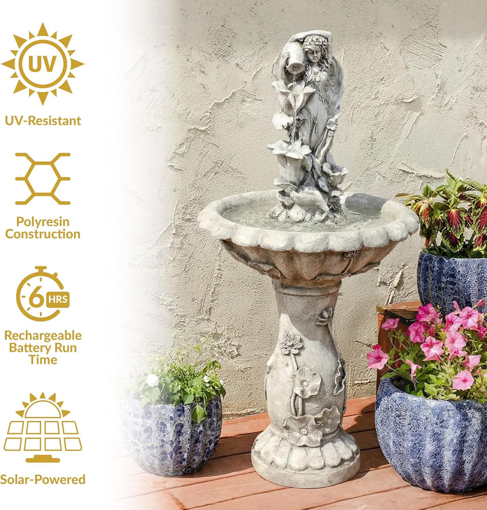 Fairy Flower Solar Water Fountain - 42-Inch Outdoor Water Feature with LED Light, Decks