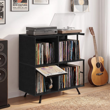 Flip Top Record Player Stand with Vinyl Storage Up to 300 Albums