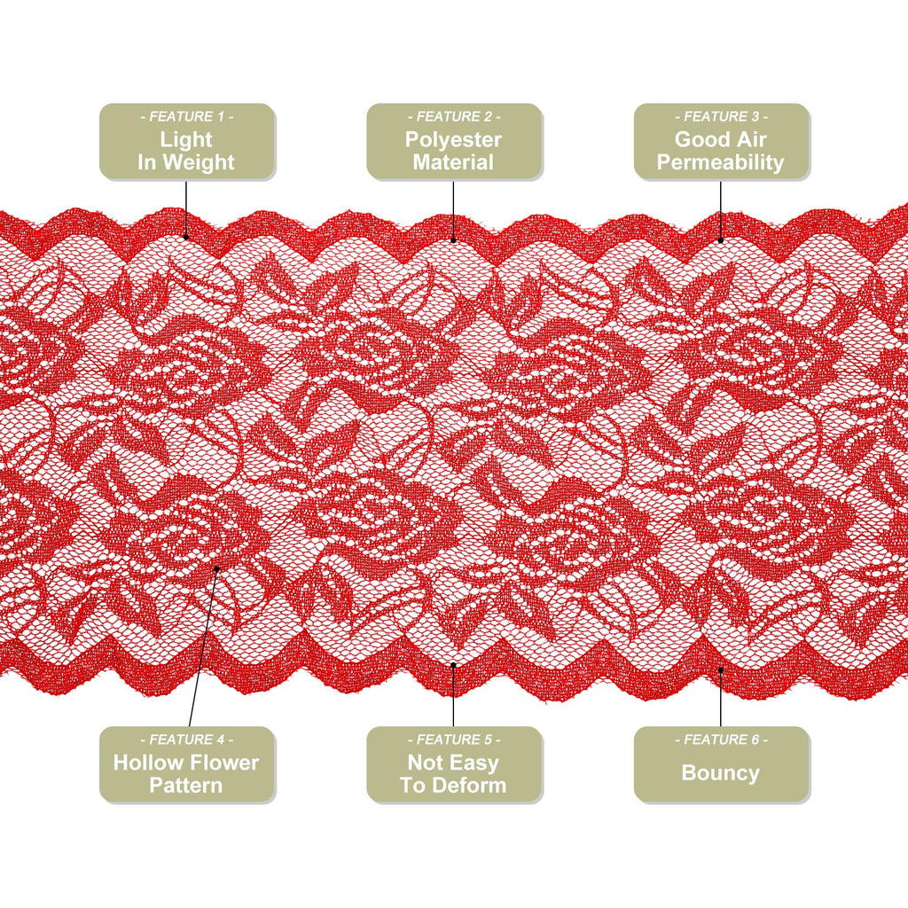 6 Inch Wide 11 Yard Lace Ribbon Floral Pattern Rose Red Lace Trim Ribbon for Sewing Making, and DIY Crafts, Gift