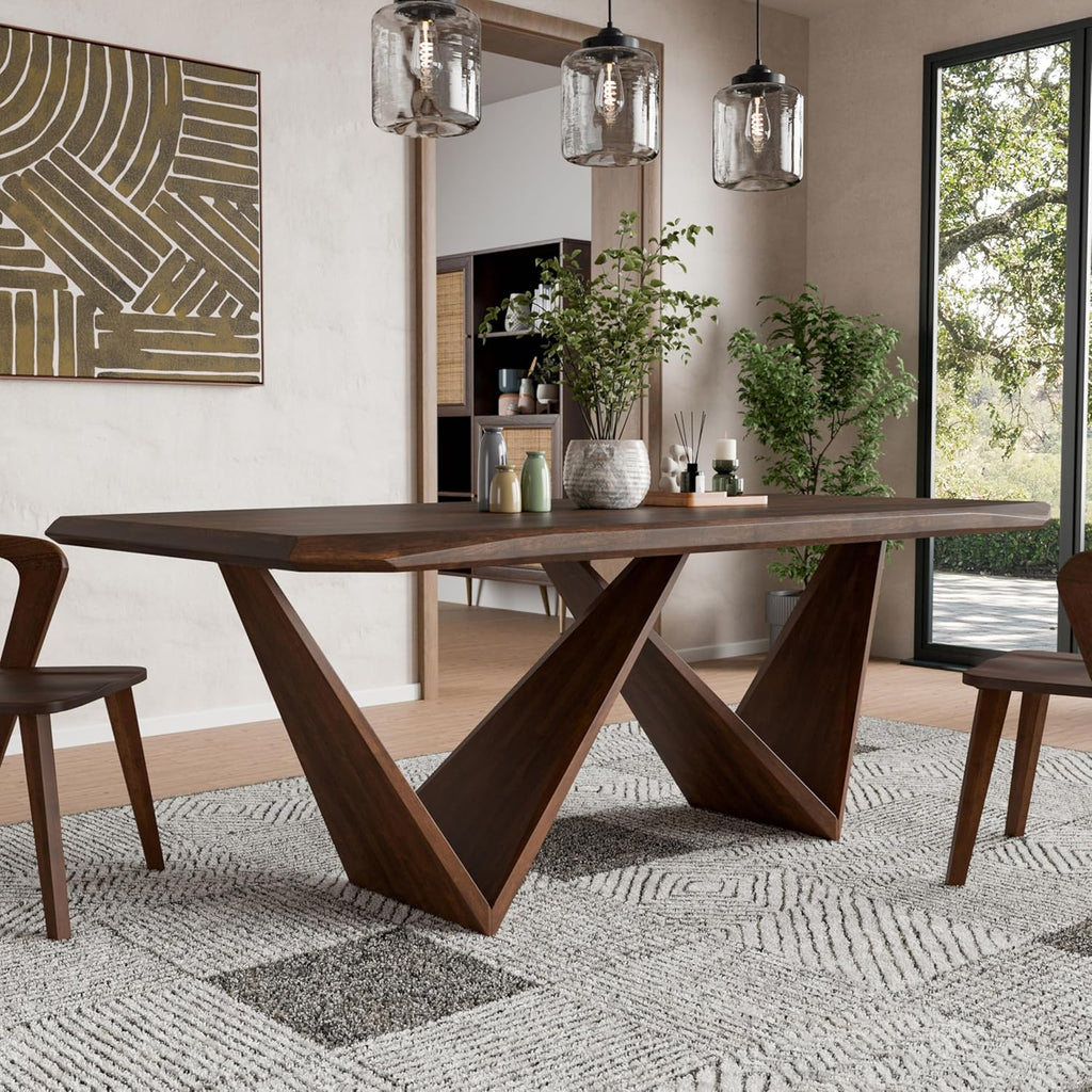 Nazaen III 82.5" Mid-Century Modern Solid Wood Live Edge Dining Table with Steel Support, Walnut Finish, Seats 4 - 6