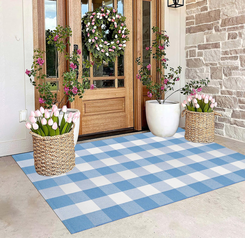Washable 3'x5'Outdoor Rug, Light Blue White Buffalo Plaid Front Door Mat