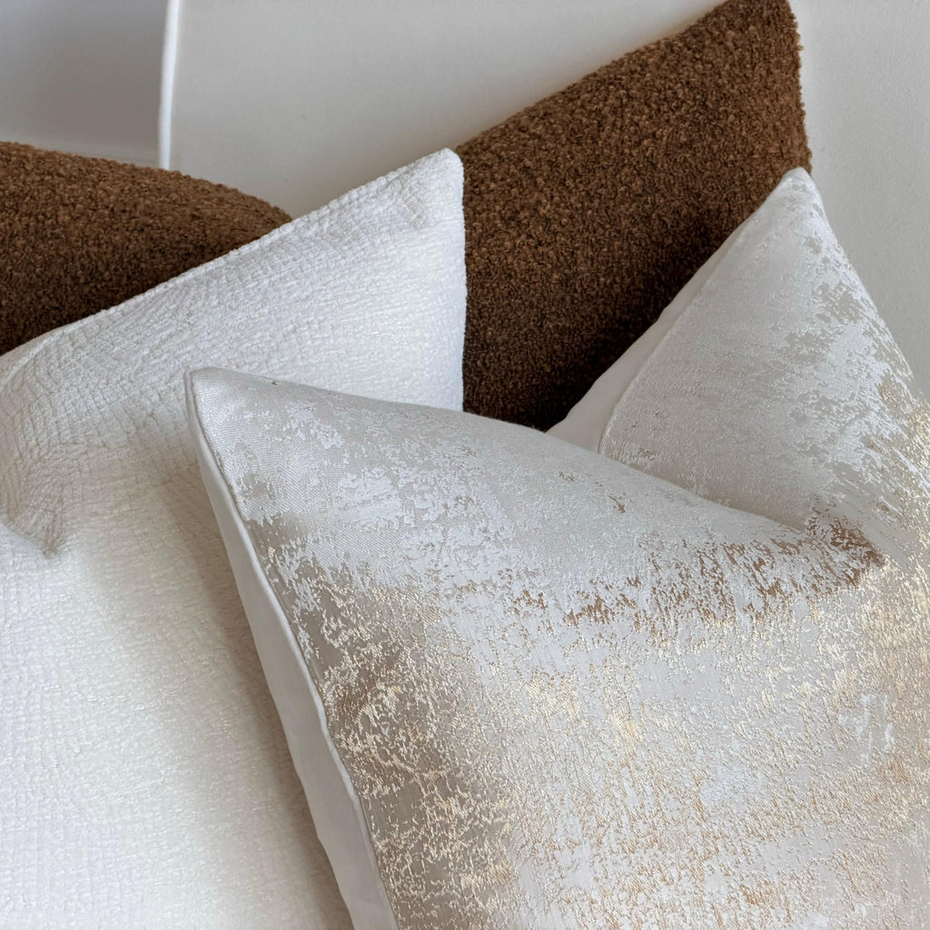Ivory Cream Gold Metallic Jacquard Throw Pillow Cover 18x18, Velvet Back, Modern Glam Decorative Cushion Cover for