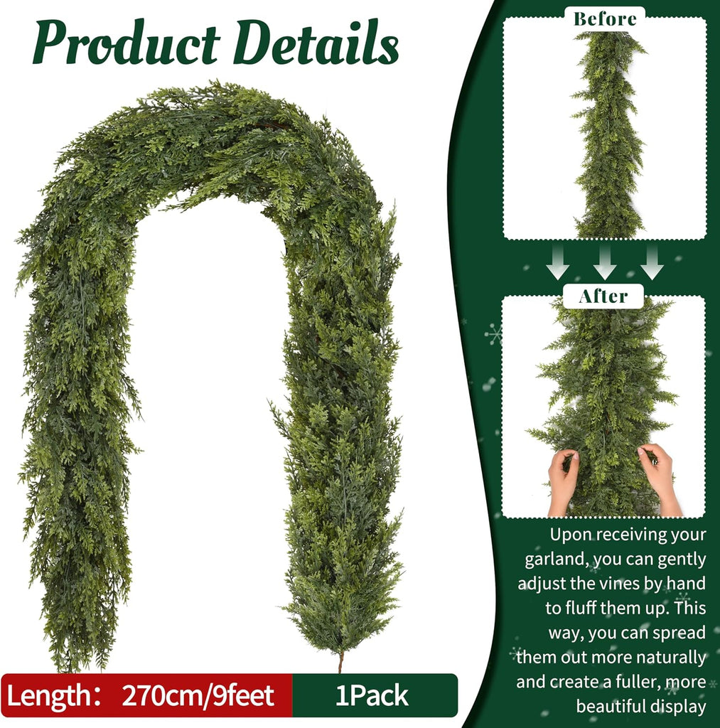 9Ft Christmas Cedar Garland, Artificial Realistic Greenery Faux Garlands Touch Like Real Pine Needles Xmas Décor