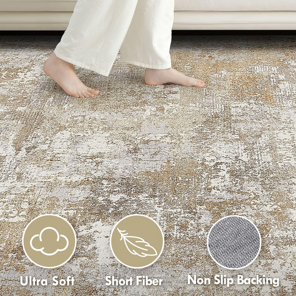 Washable 12x15 Area Rug : Modern Abstract Neutral Large Soft Thin Rugs - Non Slip Indoor Carpet Dining Room Office