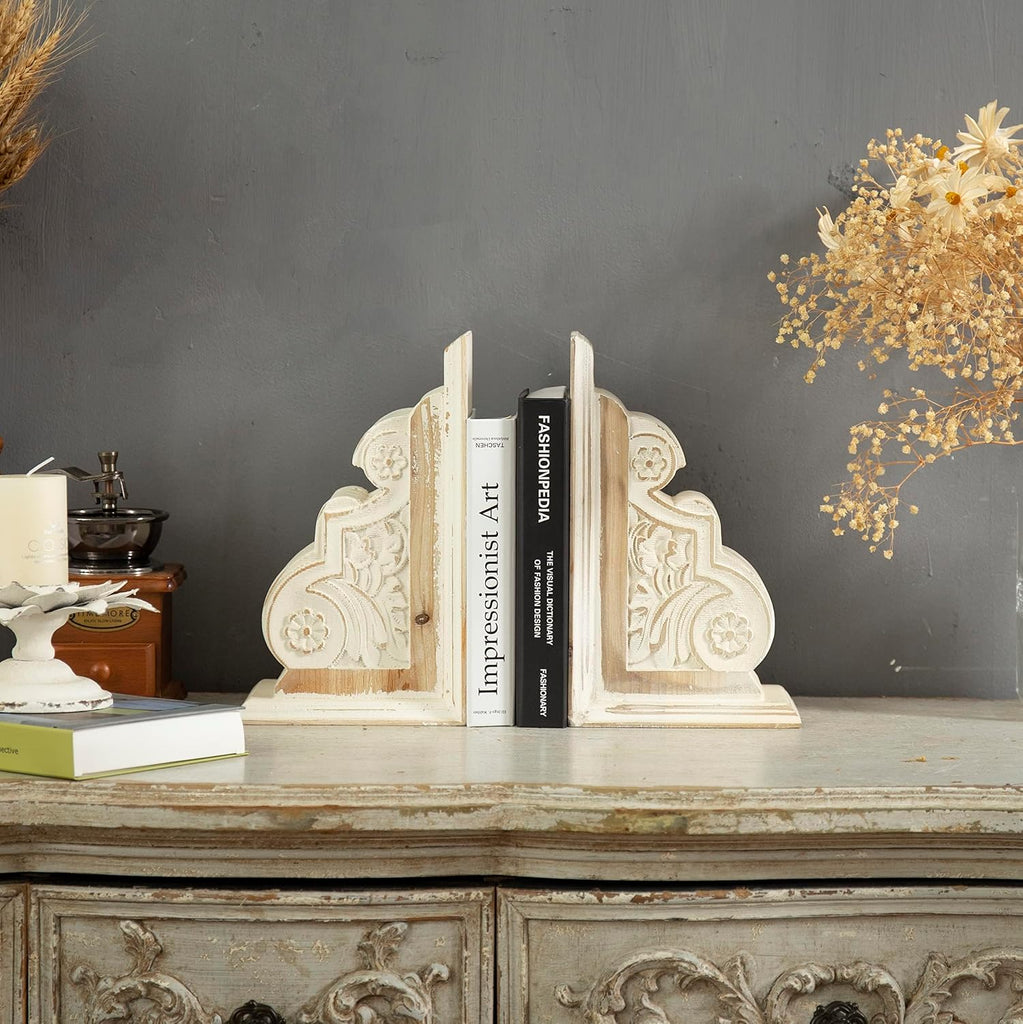 1 Pair Rustic Handmade Distressed White Wood Bookends, Carved Pattern | Unique Decorative Heavy Book Holder