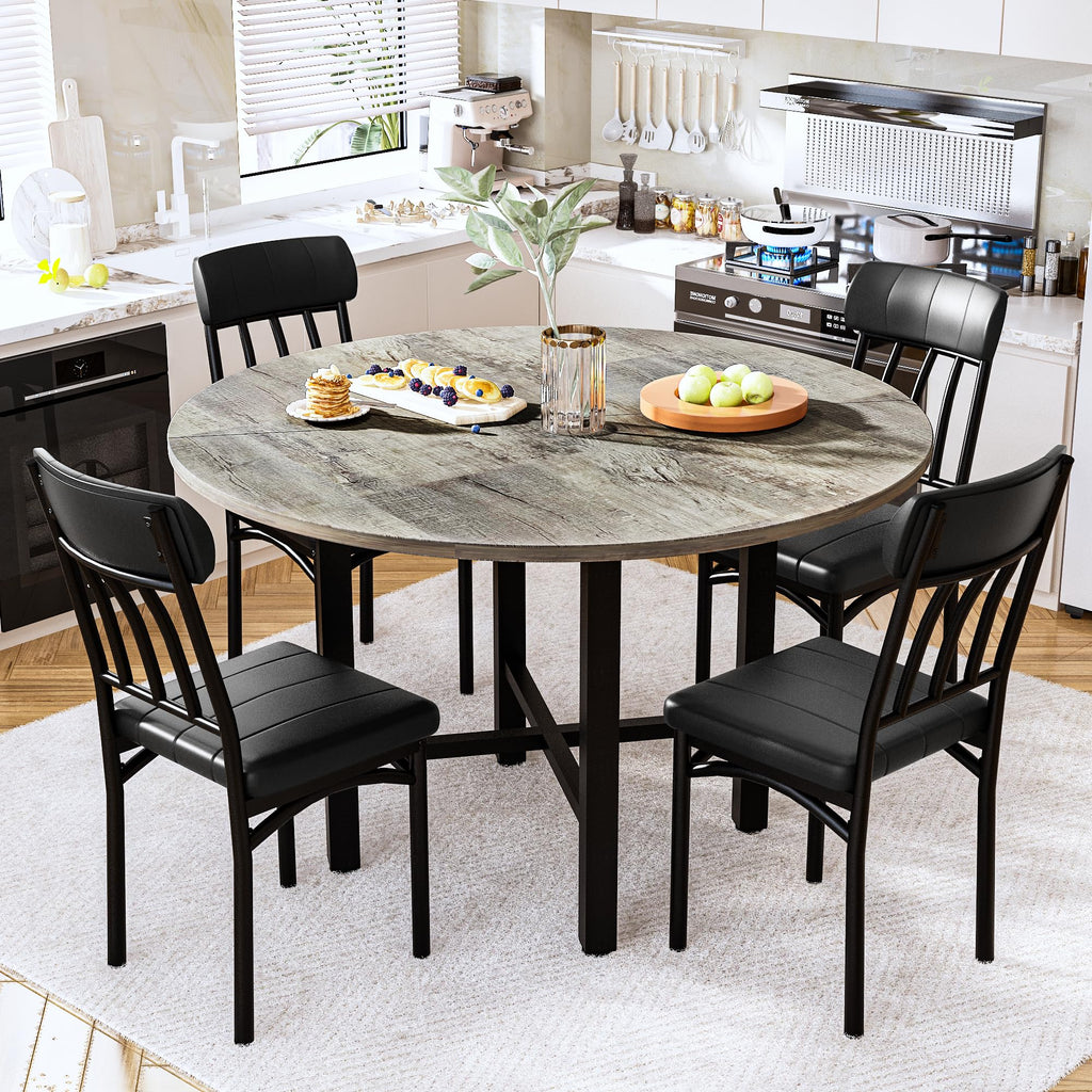 Round Dining Table Set for 4, Wood Table, with 4 Leather Chair, Grey