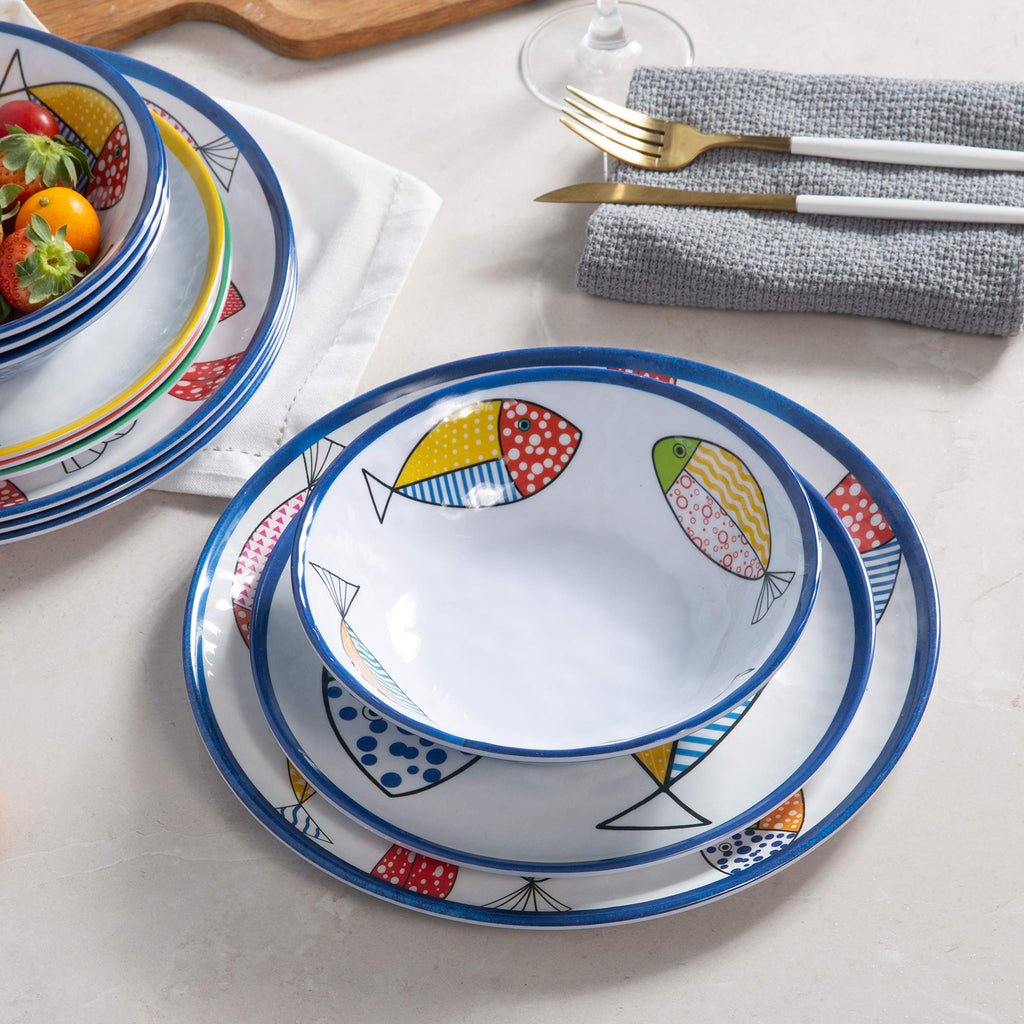 Melamine Dinnerware Set for 4, 12PCS Fish Plates and Bowls Sets