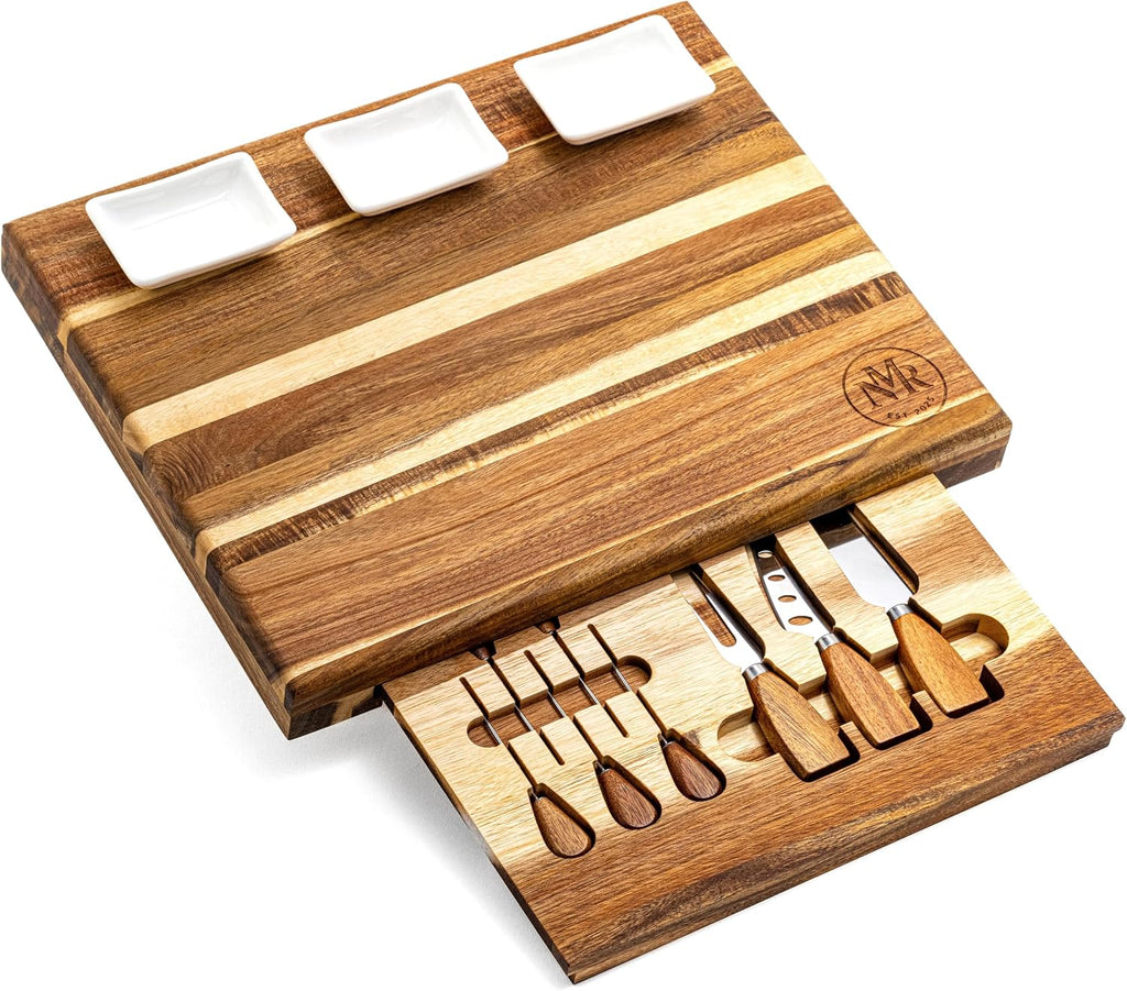 Premium Acacia Wood Charcuterie Board Set with Hidden Drawer, Cheese Board Gift Set, 2 Cheese Knives, Cheese Fork & 5