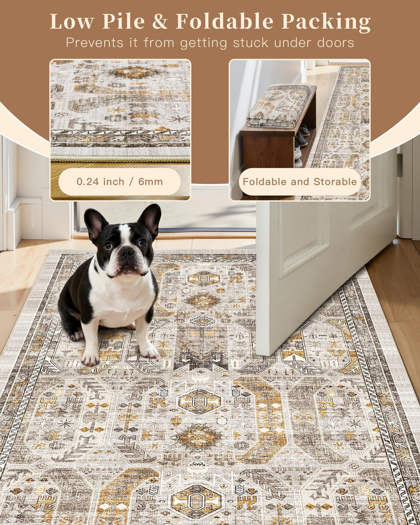 Hallway Runner Rug Washable Kitchen Runners Long, Brown/Gold