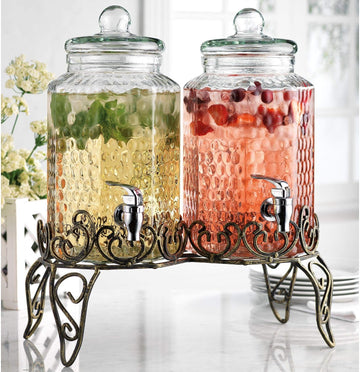 With Classy Metal Stand (), 1.Gallon Glass Drink Dispenser with 100% Leak Proof Spigot, Party Drink Dispenser - Set of 2