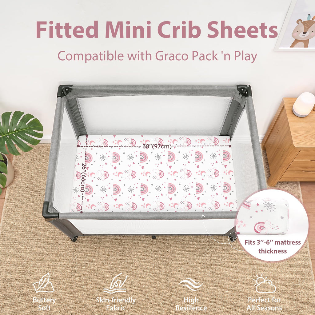 Pack and Play Sheets Fitted, Mini Crib Sheets Girl 38" x 26" 3-Pack