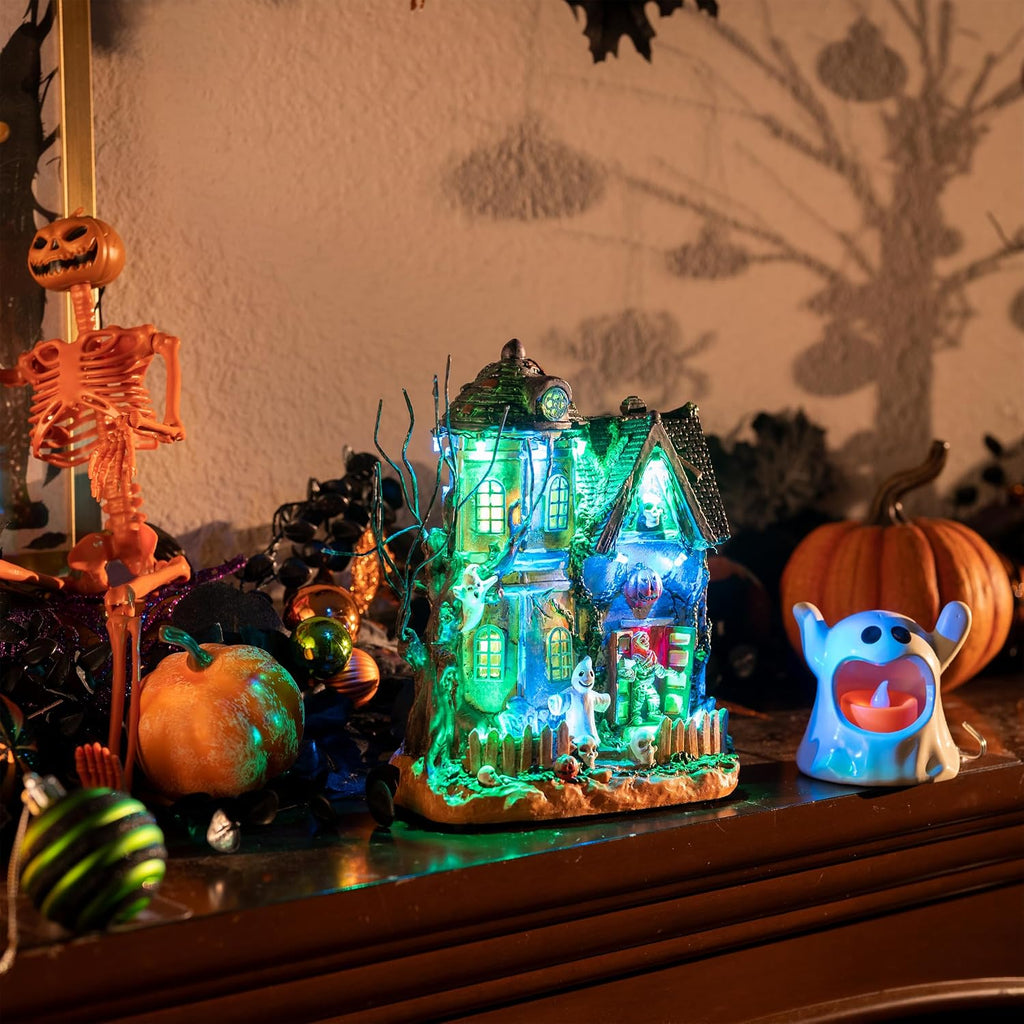 Halloween Decorations, Lighted Halloween Village Houses with Music and LED Lights, Resin Spooky Town Mummy's Haunted