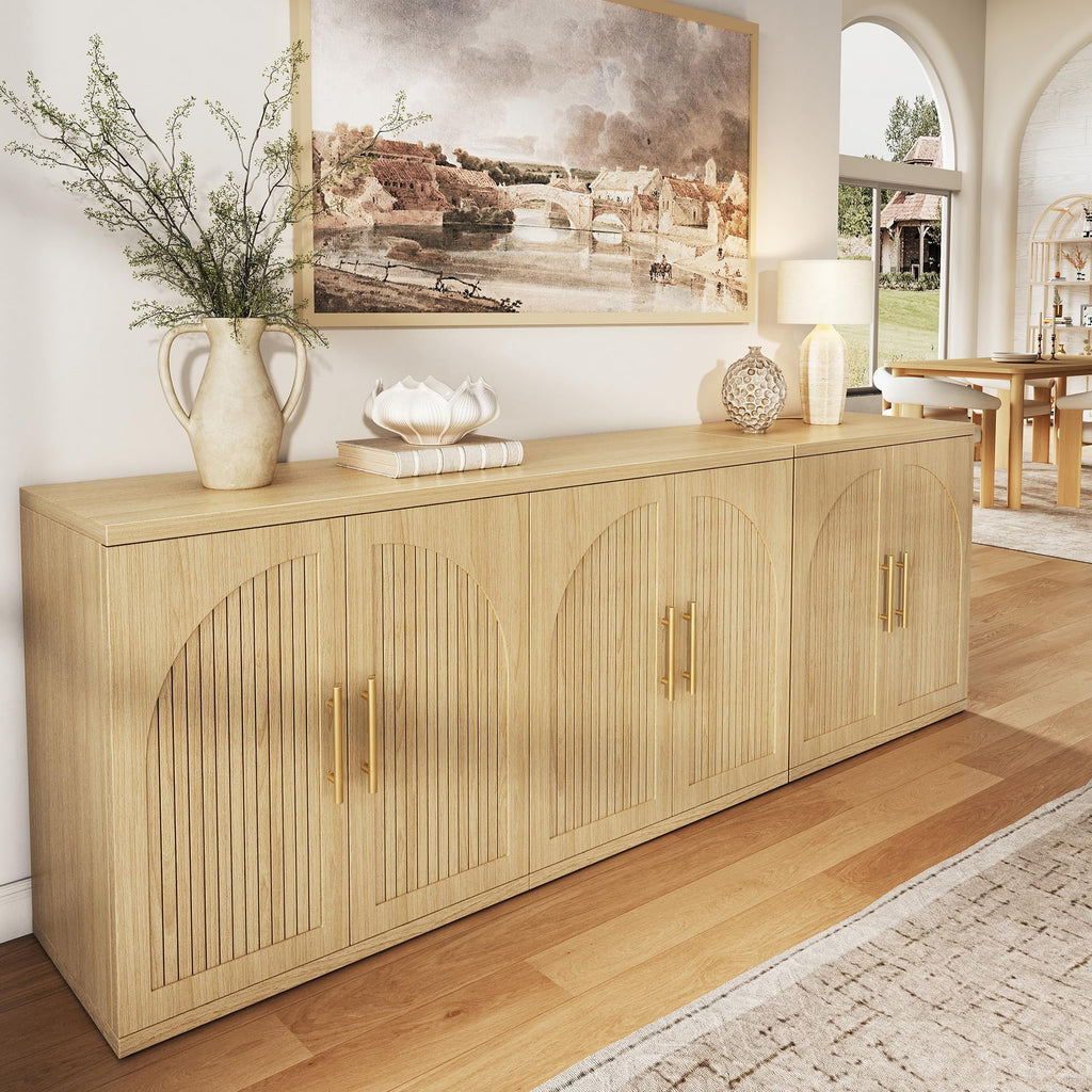 63" Fluted Buffet Cabinet, Oak Credenza with Adjustable Shelf