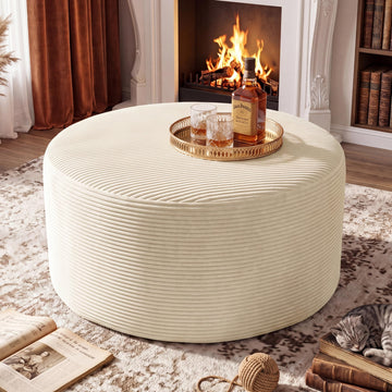 Round Ottoman, Corduroy Ottomans Foot Stool, 27.5" Pouf Footstool Ottomans Seat, Round Footrest, Modern Side Table