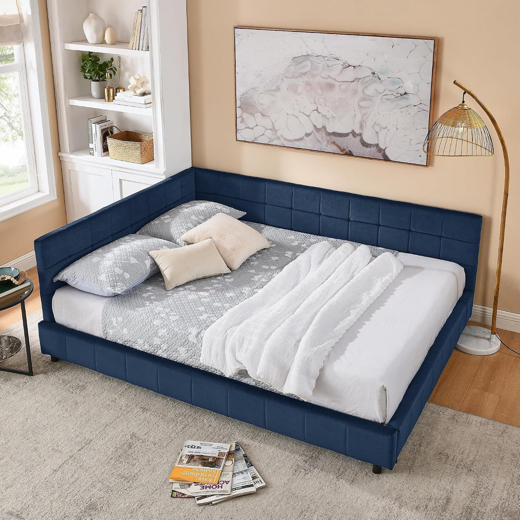 Queen Size Daybed, Velevet Upholstered Day Bed Frame with Tufted Backrest and Armrests,Solid Wood Slat Support,No Box