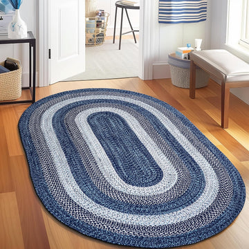 Rustic Aqua Blue/White/Black Oval Braided Rug /Foyer, Washable Outdoor Rug /Porch 3' x 5' Oval