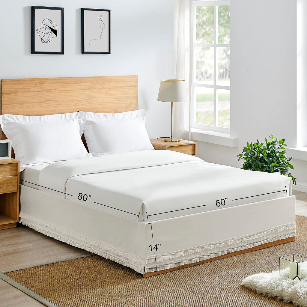 Minimalist Tufted Macrame Boho Chic Off White 60x80 Full/Queen Size Bed Skirt with 14" Drop Luxury Fringe Knotted